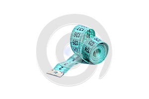 Closeup view of blue measuring tape isolated over white background