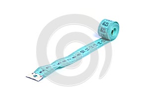 Closeup view of blue measuring tape isolated over white background