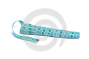 Closeup view of blue measuring tape isolated over white background