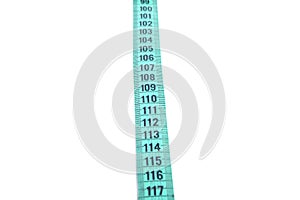 Closeup view of blue measuring tape isolated over white background