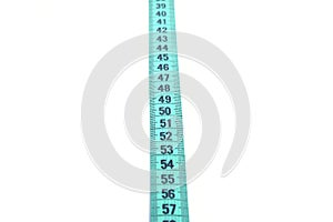 Closeup view of blue measuring tape isolated over white background