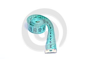 Closeup view of blue measuring tape isolated over white background