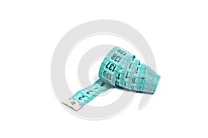 Closeup view of blue measuring tape isolated over white background