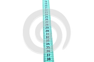 Closeup view of blue measuring tape isolated over white background