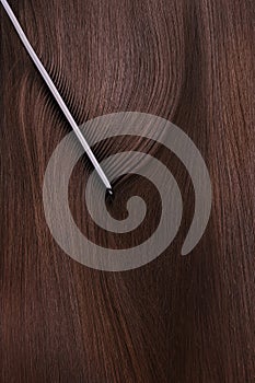 A closeup view of a bunch of shiny straight brown hair
