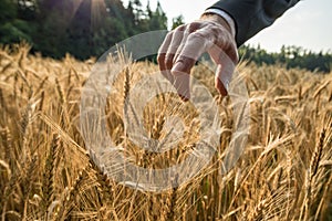 Closeup view of businessman touching a spike of golden wheat ear