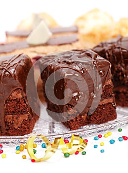 Closeup view of cake with a chocolate gloss on plate