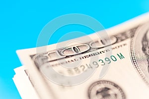 Closeup view of cash money dollars bills background. Finance and business theme.
