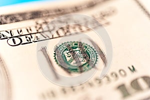 Closeup view of cash money dollars bills background. Finance and business theme.