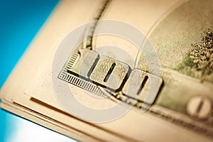 Closeup view of cash money dollars bills background. Finance and business theme.