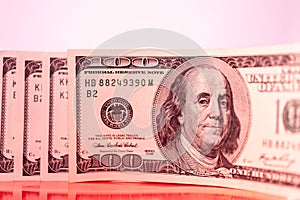 Closeup view of cash money dollars bills background. Finance and business theme.