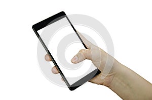 Closeup view of a child`s female hand with fingers holding a black smartphone with white touch screen isolated