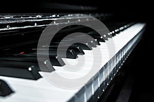 Closeup view of classical piano keys with modern black and white style