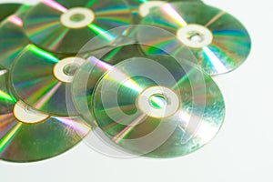 Closeup view of colorful CDs and DVDs