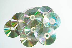 Closeup view of colorful CDs and DVDs
