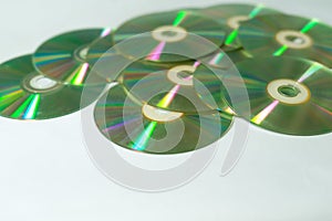 Closeup view of colorful CDs and DVDs