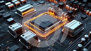 Closeup view of a computer motherboard with highlighted central processing unit and surrounding components