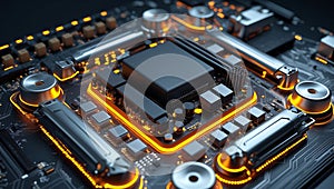 Closeup view of a computer motherboard with intricate circuitry and components highlighting the central processing unit and memory