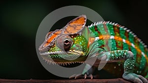 closeup view of cute colorful exotic chameleon isolated on green