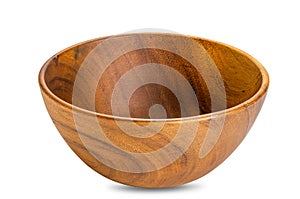 Closeup view of deep empty wooden bowl isolated on white baclground