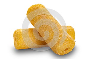 Closeup view of dried crispy roller corn snack isolated on white background