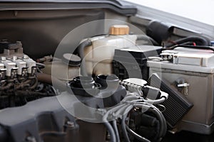 Closeup view of engine bay in modern auto