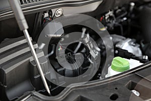 Closeup view of engine bay in modern car