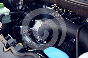 Closeup view of engine bay in modern car