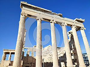 A closeup view of the Erechtheion in Athens, Greece.