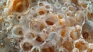 A closeup view of a euglenoid colony with multiple cells attached to each other. The cells are varying in size and shape