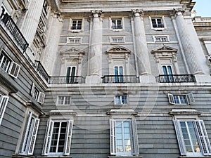 Closeup view of the facade of the Royal Palace of Madrid, Spain