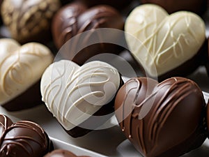 A closeup view of fancy white and dark chocolate hearts in a decorative display