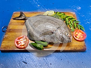 Closeup view of Fresh Black Pomfret Fish decorated with herbs and vegetables Selective focus photo