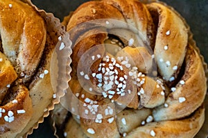 Closeup view of fresh cinnamon buns with sugar on top