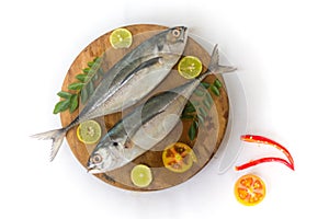 Closeup view of fresh Finletted Mackerel Fish or Torpedo Fish decorated with spices and herbs .