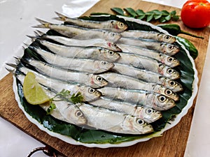 Closeup view of Fresh Indian oil Sardine decorated with herbs and vegetables Selective focus.White Background photo