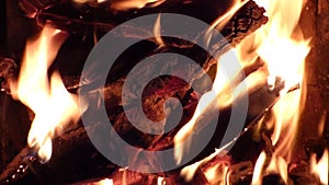 Closeup view of furnace or campfire. Burning firewood and charcoals