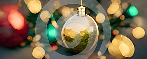 Closeup view of golden christmas ball on blurry christmas tree background, neural network generated art