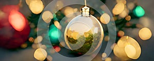 Closeup view of golden christmas ball on blurry christmas tree background, neural network generated art photo