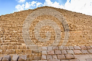 Closeup view on a great pyramid of Cheops in Giza plateau. Cairo, Egypt