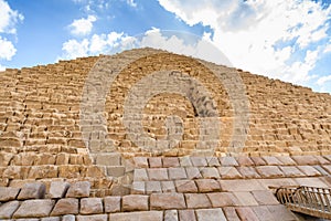 Closeup view on a great pyramid of Cheops in Giza plateau. Cairo, Egypt