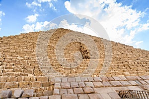 Closeup view on a great pyramid of Cheops in Giza plateau. Cairo, Egypt