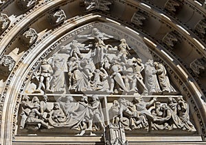 Closeup view of the Great West Door, St. Vitus`s Cathedral, Prague Castle, Czech Republic