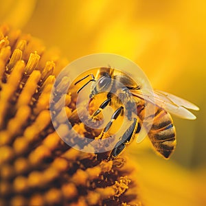 Closeup view of honey bee pollinating sunflower