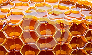 Closeup view of honeycomb filled with golden honey, showcasing natural hexagonal cells. reflecting light and creating visually
