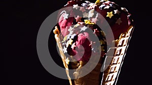 Closeup view of ice cream with chocolate topping