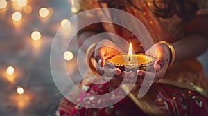 closeup view of an illuminated diya in an indian woman\'s hand