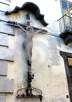 Closeup view of an INRI displayed on the wall of building at Piazza Tasso, Sorrento, Italy