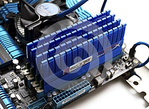 Closeup view of inside computer circuit board parts. Computer modding