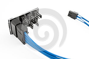 Closeup view of inside parts, cables and connectors of a modern modded computer